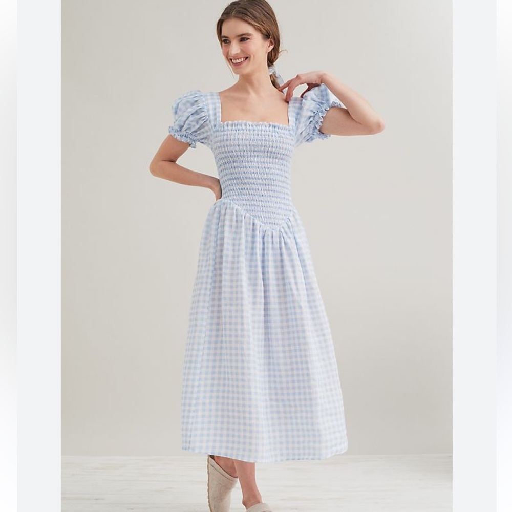 NWT Sleeper Belle 100% Linen Blue White Gingham Plaid Midi Dress Size Large